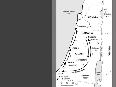 Map of  Philip’s Journeys.<br/>1. During the persecution of 35AD, Philip travels north with those who have fled to Sebaste, the principal city of Samaria. (Acts 8:4-8)<br/>2. Philip then travels south on the desert road leading from Jerusalem down to the coastal town of Gaza. On the way, Philip meets a Jewish official from the court of the Queen of Ethiopia. The Ethiopian believes in Jesus and is baptised. (Acts 8:26-39)<br/>3. The Holy Spirit takes Philip further north to Azotus (Ashdod). ( Acts 8:40)<br/>4. Philip spreads the Good News of Jesus in all the coastal towns he passes through before reaching Caesarea on the coast of Samaria. (Acts 8:40) – Slide 4