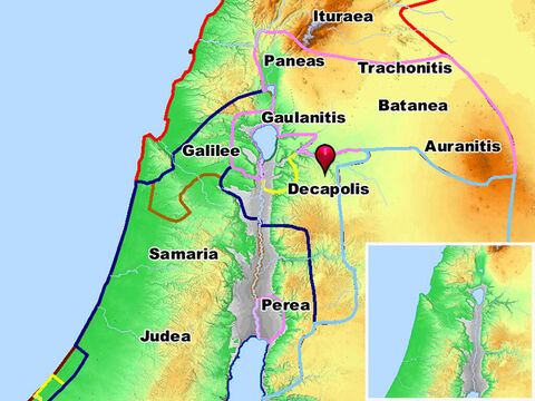 Decapolis. <br/>The name given to the region occupied by a league of 'ten cities' east and south of the Sea of Galilee (Matthew 4:25, Mark 5:20, Mark 7:31). Jesus miraculously healed a man who was deaf and had difficulty speaking in this region (Mark 7:31-37). – Slide 10
