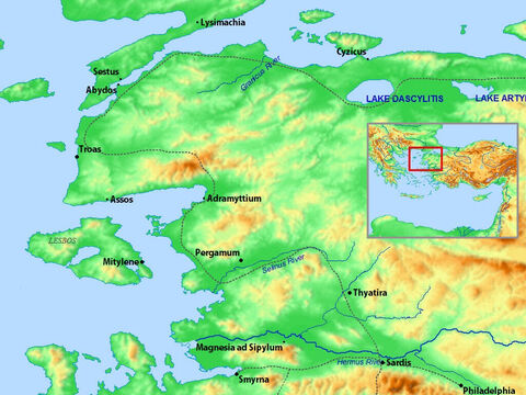 Map of Sardis, Thyatira, Pergamum, Troas and surrounding areas. – Slide 12