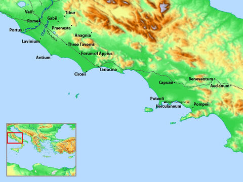 Map of central Italy including Three Taverns and Rome. – Slide 22