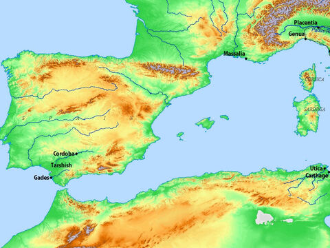 Map showing Tarshish in Spain (where Jonah was intending to travel). – Slide 23