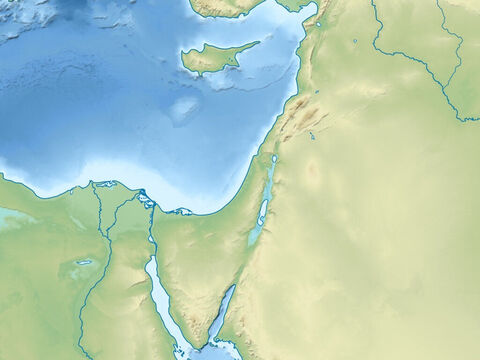 Map of the Arabian peninsular, Sinai peninsular, Syrian desert, and upper region of River Euphrates. The island is Cyprus. Mediterranean sea (top right), Red Sea (lower middle). – Slide 3