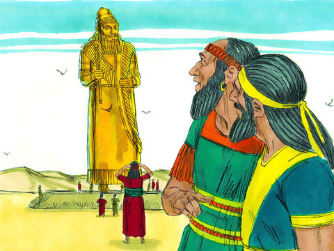 King Nebuchadnezzar made an image of gold, 27 metres (90ft) high and 2.7 metres (9ft) wide, and set it up on the plain of Dura in Babylon. All the rulers and officials were summoned to attend the dedication of the image. – Slide 2