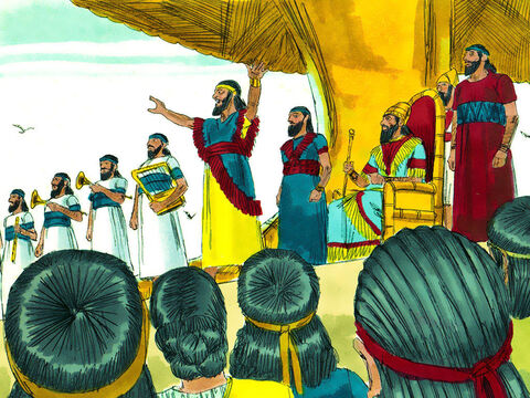 A herald loudly proclaimed, ‘Everybody, is commanded, as soon as you hear musical instruments (trumpets, oboes, lyres, zithers, and harps) you must fall down and worship the image of gold that King Nebuchadnezzar has set up. Anyone who does not fall down and worship will immediately be thrown into a blazing furnace.’ – Slide 3