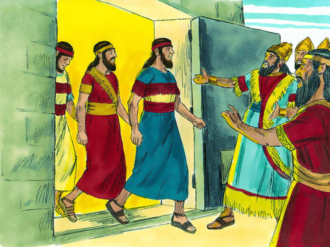 So Nebuchadnezzar went up to the door of the blazing furnace and called out, ‘Shadrach! Meshach! Abednego! Servants of the Supreme God! Come out!’ And they came out at once.All the princes, governors, and other officials gathered to look at the three men, who had not been harmed by the fire. Their hair was not singed, their clothes were not burned, and there was no smell of smoke on them. – Slide 10