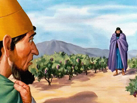 So King Ahab stood in the vineyard. But what he saw made his heart stand still! There stood Elijah – the stern prophet of God! – Slide 31