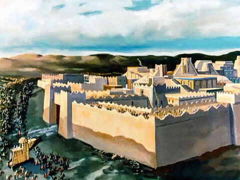 For outside the walls of Babylon was the mighty army of Medes and Persians led by Cyrus, King of Persia. But Belshazzar just laughed at them – unafraid. Were not the walls of Babylon 300 feet (92 meters) high and 80 feet (25 meters) thick? Cyrus could never conquer this city. – Slide 10