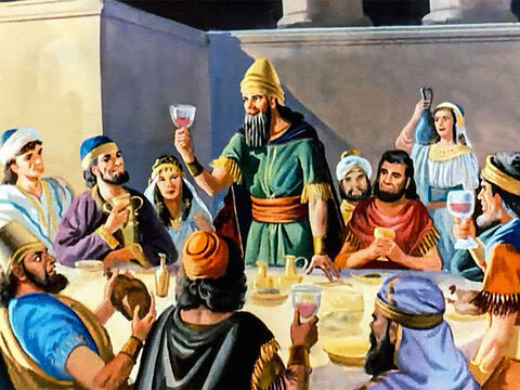 As the king took his place at the table, servants brought in huge platters heaped with food. They filled the goblets with wine again and again... and the noise and shouts of revelry increased. – Slide 14