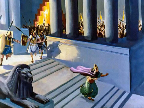 Belshazzar fled in terror before the first wave of soldiers, who were already within the palace looking for him. For they knew that once the king was slain, the city would soon surrender. – Slide 35