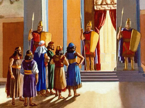 The princes gathered together outside the palace and asked for permission to appear before the king. – Slide 10