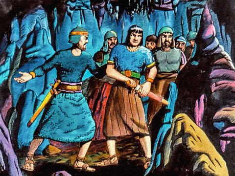 David’s men looked to their leader, who was already drawing his sword. It was only right that the honour of killing Saul would be his. – Slide 36