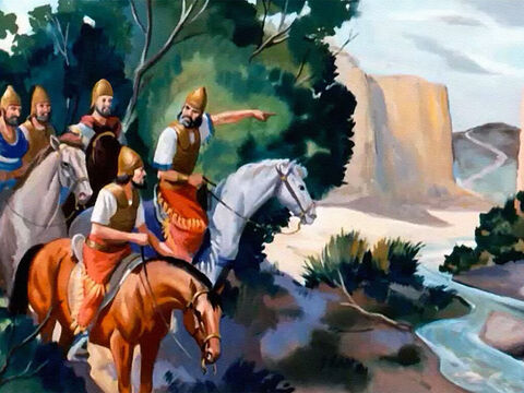 Again the Syrian armies hid and waited, while their scouts kept a watch on the road, but there was no cloud of dust raised by approaching horses and chariots. – Slide 14