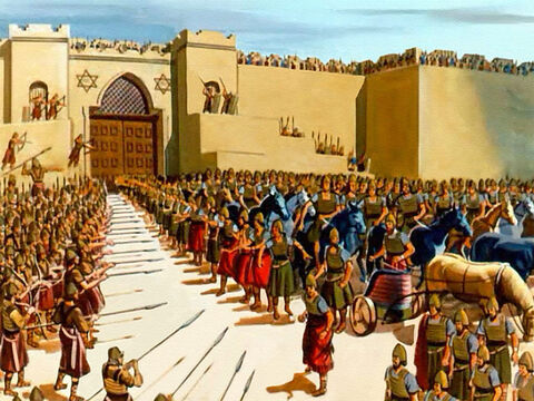 He led them right into the city of Samaria and then he prayed that their sight might be restored. The Syrians looked around in fear and terror. They were surrounded by the menacing spears of the Israelite army! – Slide 30