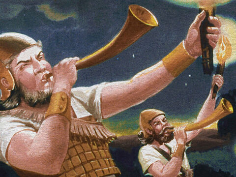 Suddenly, in the midst of all this confusion, Gideon’s men blew loud and long on their horns again. – Slide 34