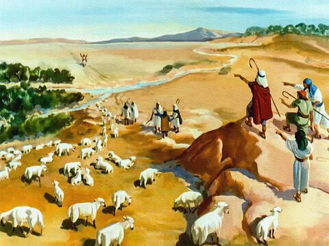 One day they were out on the hills tending their father’s sheep, and away in the distance they saw Joseph.  ‘Here comes that dreamer. Now’s our chance to be rid of him for good!’ – Slide 19