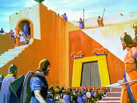 The great city of Jericho shut its gates when the inhabitants heard the Israelites were approaching. They were afraid of these people and hated their miracle-working God. But instead of changing their ways Jericho prepared too resist. They gathered together their weapons and got ready for war. – Slide 5