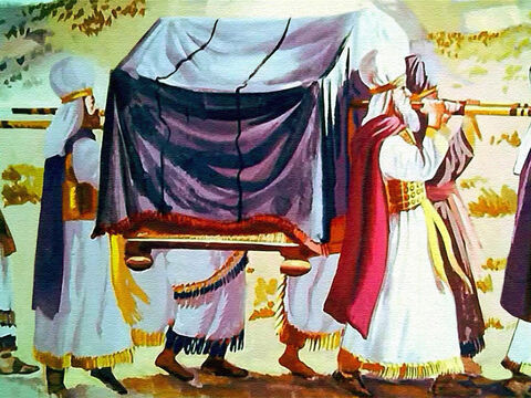 The priests carried the ark of the Lord around the city, seven priests always blowing their trumpets before it, and armed men marching in front and the rear. – Slide 29