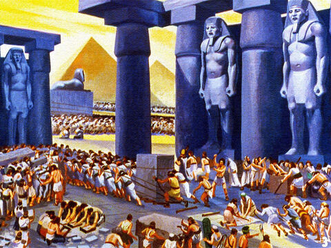 Years ago in the land of Egypt, fantastic monuments were built by the Kings, know as Pharaohs, using the labour of thousands of slaves. These slaves were God's chosen people, the children of Israel. – Slide 1