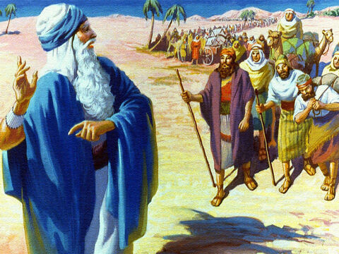 Soon they were following Moses out into the desert. A hot, hard journey was ahead but the people were happy. They were heading for a new life and the land of plenty. – Slide 12