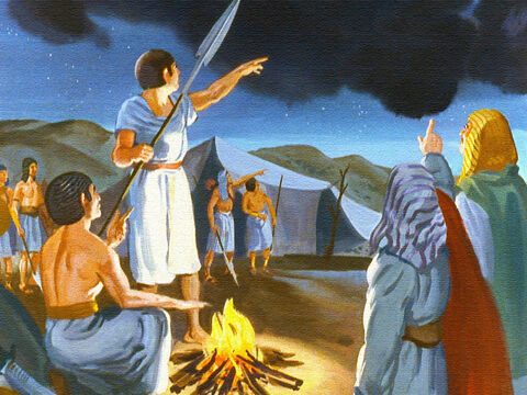 Then something strange happened. Pharaoh's soldiers saw it too. They saw a great dark cloud moving in between their camp and the camp of Israel. – Slide 30