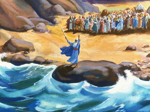 As the people watched, Moses their leader walked right up to the edge of the Red Sea. Then Moses did something that God had told him to do. He lifted up his rod and a strong wind began to blow. – Slide 34
