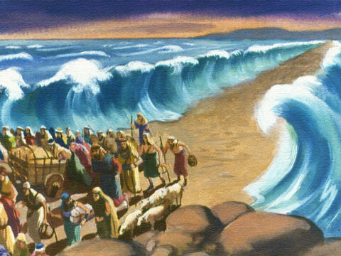 All night long, the children of Israel marched through the sea on the path that the Lord had made for them. Finally the last person arrived safely on the other side. – Slide 37