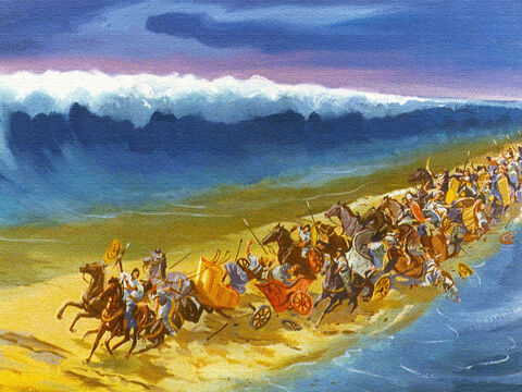 Just about then, the Lord caused all sorts of things to happen: the wheels came off the chariots, there was confusion and panic in the ranks of the Egyptian armies. – Slide 40