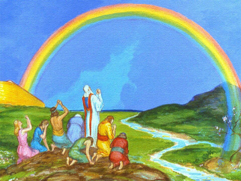 God set a rainbow in the clouds as a promise that never again would He destroy the Earth with a flood. The Bible tells us that disobedience still brings God’s judgement, but through Jesus, God has made a way for us to be forgiven and rescued. – Slide 47