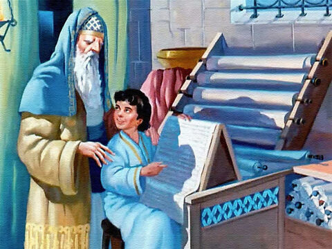 As Samuel grew older, Eli taught him to read the scrolls which contained the laws and history of God’s people, the Israelites. – Slide 15