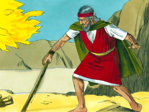 As Moses grabbed the snake’s tail, it turned back into a staff. ‘This sign will help them believe,’ said the Lord God. ‘Now put your hand inside your cloak.’ – Slide 14