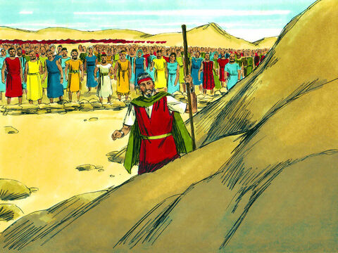 The leaders followed Moses to the rock at Horeb and watched as he struck it with his staff. – Slide 30