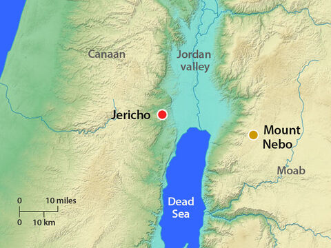 Moses climbed from the plains of Moab to Pisgah Peak in Mount Nebo, across from Jericho. God pointed out to Moses places in the Promised Land including the Jordan Valley and Jericho. – Slide 14