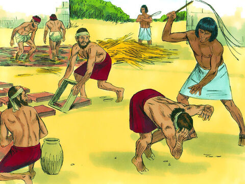 The slaves became exhausted searching for straw and making bricks. When they could not make their quota the slave drivers beat them. – Slide 5