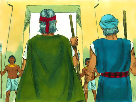 Exodus 7 v 1-6 God told Moses that Aaron would be spokesman. He warned that Pharaoh would not listen to them but God would bring plagues on the Egyptians until they let His people go. Moses (now 80 years old) and Aaron (83) left for the palace. – Slide 11