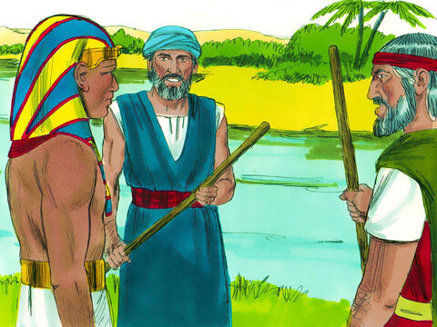 Exodus 7 v 8-12 God told Moses and Aaron to go down to the River Nile where Pharaoh went in the morning. They had a message from God to give to Pharaoh, ‘Let my people go, so that they may worship me in the wilderness.’ Pharaoh refused. – Slide 1