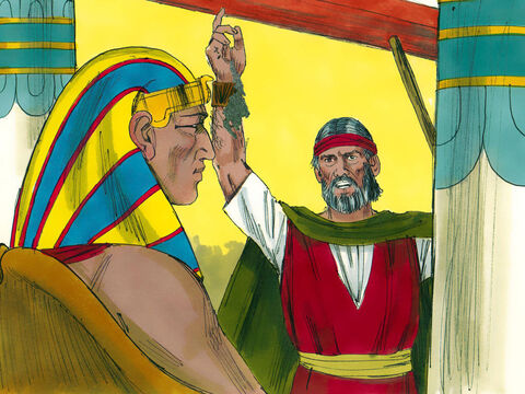 Moses took soot from a furnace and threw it into the air in front of Pharaoh. ‘God says, this soot will become a fine dust and people and animals will get festering boils.’ – Slide 20