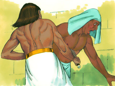 ... then, Moses attacked the Egyptian, killing him. He buried the dead man’s body in the sand. – Slide 4