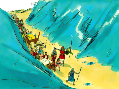 The people crossed through the sea with a wall of water either side of them. – Slide 15