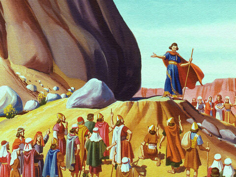 Moses obeyed and gathered everyone before the big rock outside the camp. Then he struck the rock with his rod. – Slide 9