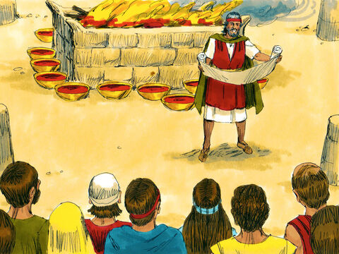 The next morning Moses built an altar to God at the foot of the mountain. Young bulls were sacrificed and half of their blood was splashed on the altar with the rest put in bowls. Moses then read God’s laws to everyone again. – Slide 28