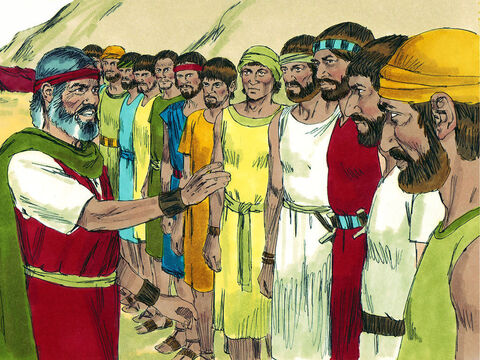 Moses chose a leader from each tribe. (Their names were Shammua, Shaphat, Caleb, Igal, Joshua, Palti, Gaddiel, Gaddi, Ammiel, Sethur, Nahbi and Geuel). – Slide 3