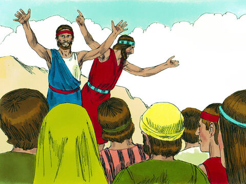 Moses and Aaron fell face down in front of everyone. Two of the spies, Joshua and Caleb, stood up and said, ‘The land we explored is exceedingly good. The Lord will lead us into that land flowing with milk and honey, and give it to us. Don’t rebel against God or be afraid. The Lord is with us not them.’ – Slide 15