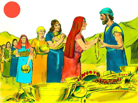 Every morning people willingly came and gave their gifts to make the Tabernacle. They brought jewellery and objects made of gold, silver and bronze, ram’s skins, leather and acacia wood. – Slide 5