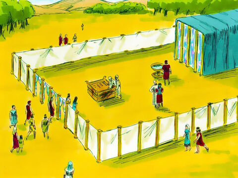 Exodus 38 v 9-20 In God’s plan there was to be a large courtyard (150ft x 75ft, 46m x 23m). There were 20 posts down the longer sides and ten down the shorter sides each made of wood with a bronze base, silver hooks and silver top. Finely twisted linen curtains were made to go between these posts. – Slide 10