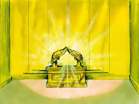 Exodus 37 v 1-9: The only object made to go inside the Most Holy Place was an ark made of acacia wood covered in gold. The cover (mercy seat) was made of pure gold with two cherubim facing each other whose wings met and spread over the cover. It was over this cover the very presence of God would be. – Slide 15