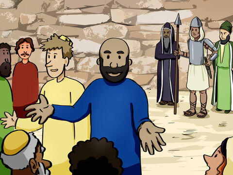 While Peter and John were speaking to the people, they were confronted by the priests, the captain of the Temple guard, and some of the Sadducees. They were very disturbed that Peter and John were teaching that through Jesus there is a resurrection of the dead. <br/>They arrested them and, since it was already evening, put them in jail until morning. – Slide 6