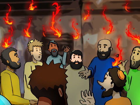 On the day of Pentecost all the believers were meeting together in one place in Jerusalem. <br/>Suddenly, there was a sound from heaven like the roaring of a mighty windstorm. <br/>Then, what looked like flames or tongues of fire appeared and settled on each of them. Everyone present was filled with the Holy Spirit and began speaking in other languages, as the Holy Spirit gave them this ability. – Slide 1
