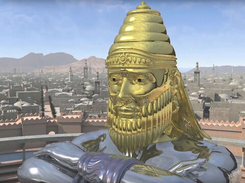 ‘The head of the statue was made of pure gold.’ Daniel explained this represented the powerful kingdom of King Nechudchanezzar and the Babylonian Empire (605BC – 539BC). – Slide 3