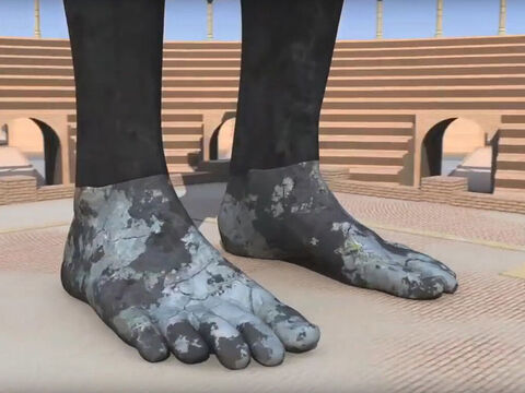 The feet of the statue were partly made of iron and partly of baked clay. This kingdom will be partly strong and partly brittle. Its people will be a mixture and will not remain united, any more than iron mixes with clay. (Christians differ in their interpretation of this kingdom but many believe it is yet to come and link it to the final kingdom of the anti-Christ - Revelation 17:12-14). – Slide 7