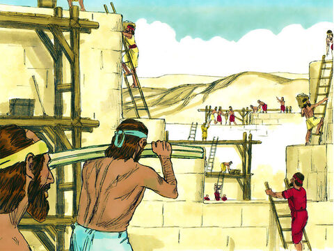 Despite being mocked by their enemies, the builders set to work rebuilding the walls of Jerusalem. Each family or group repaired a section of the wall. – Slide 1